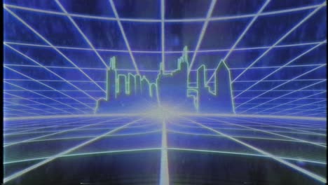 Retro-80er-VHS-Kassette-Videospiel-Intro-Landschaft-Vektor-Arcade-Wireframe-Stadt-4k